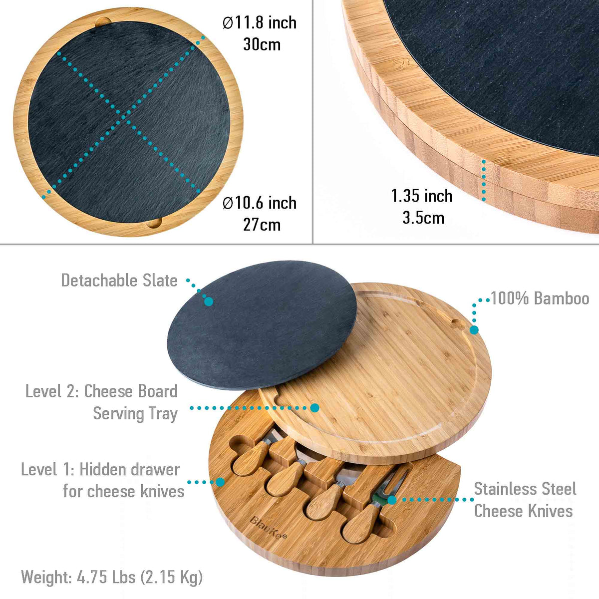 Round Cheese Board & Knife Set, 12"