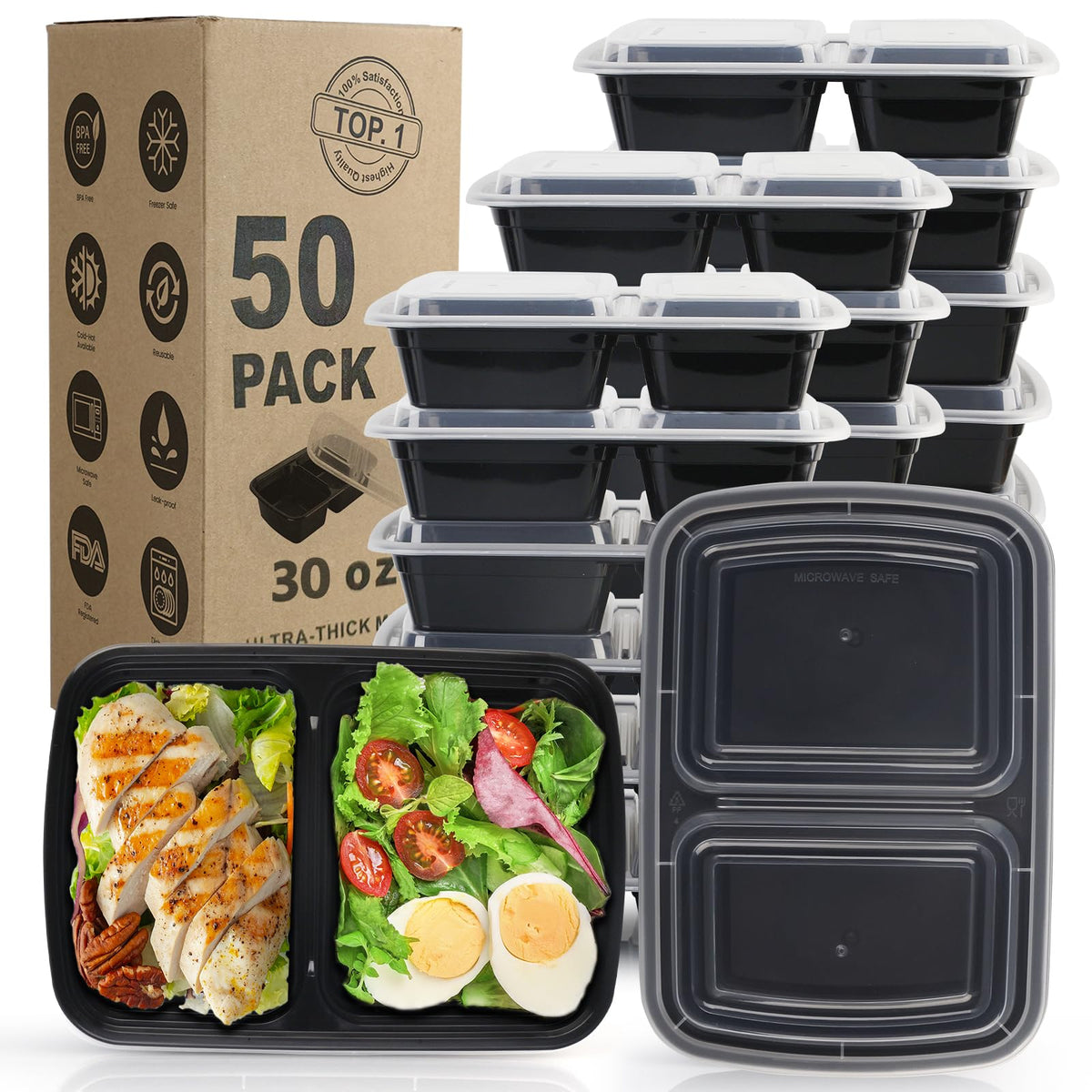 WGCC 2-Compartment Meal Prep Containers (50-Pack)